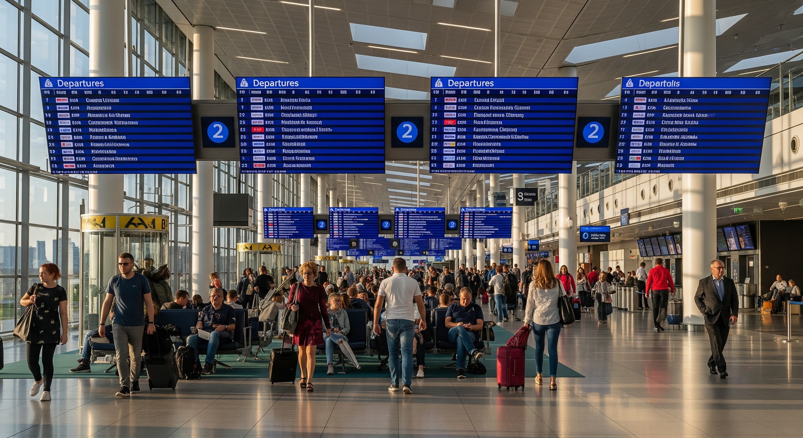 Modern terminal at Budapest Ferenc Liszt International Airport with travelers and departure boards