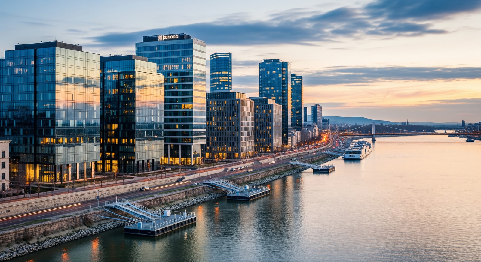Modern business district in Budapest with contemporary office buildings and the Danube waterfront