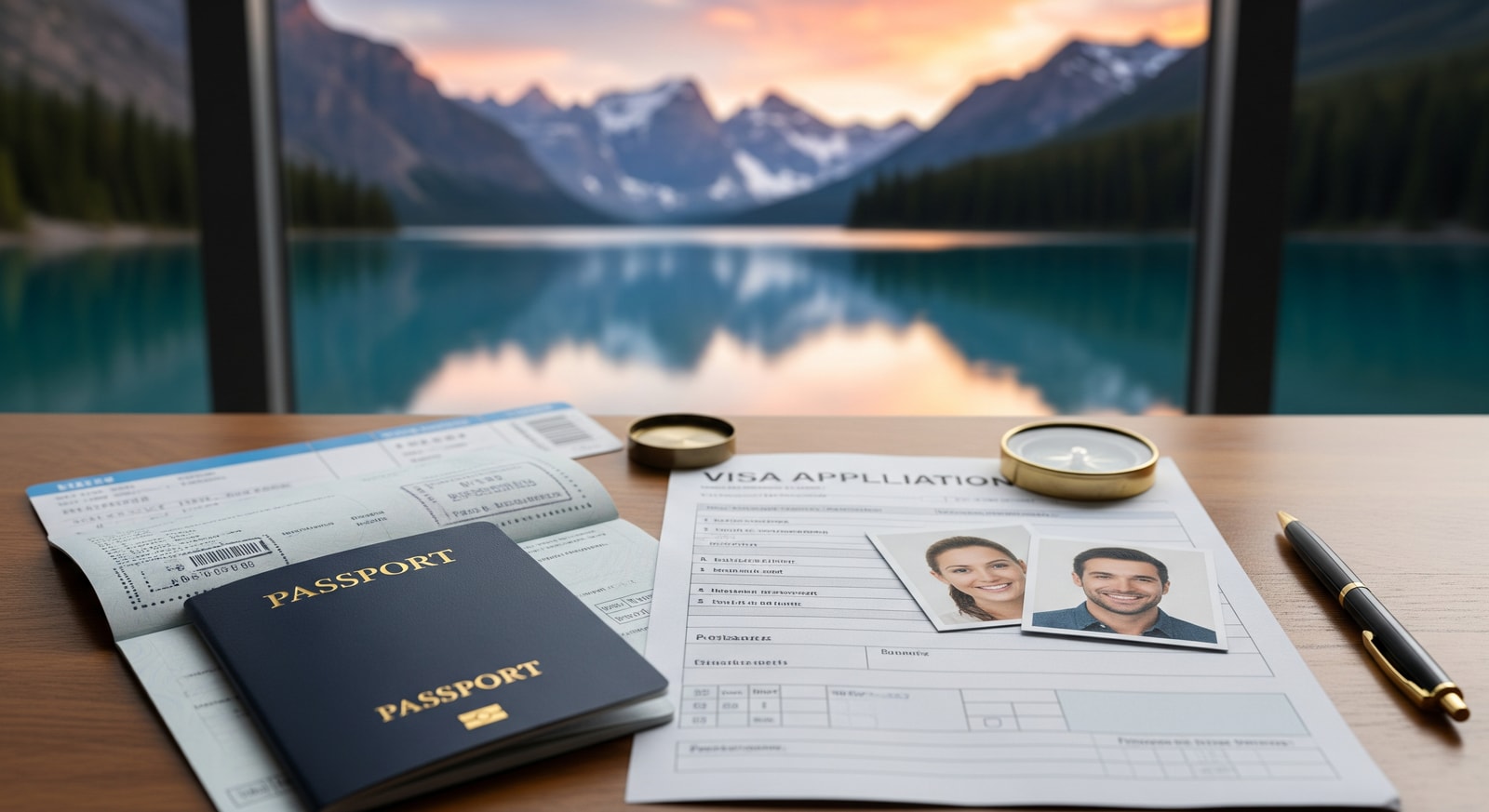 Travel documents including passport, visa application form, and photographs arranged on a desk