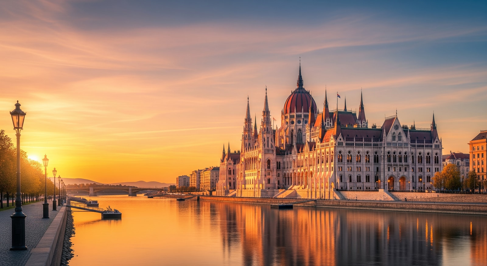 The majestic Hungarian Parliament Building viewed from across the Danube River at golden hour