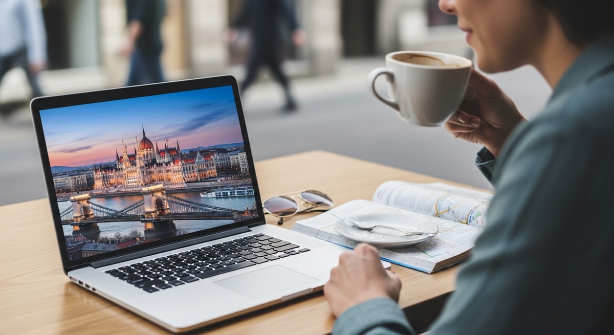 Traveler planning Hungary trip with laptop showing Budapest cityscape while enjoying coffee