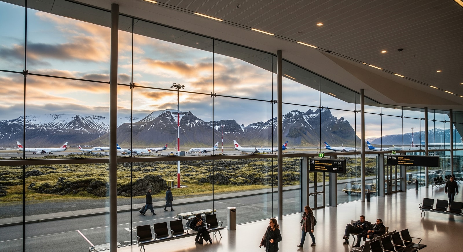 Modern Keflavik International Airport terminal with distinctive architecture and mountain views