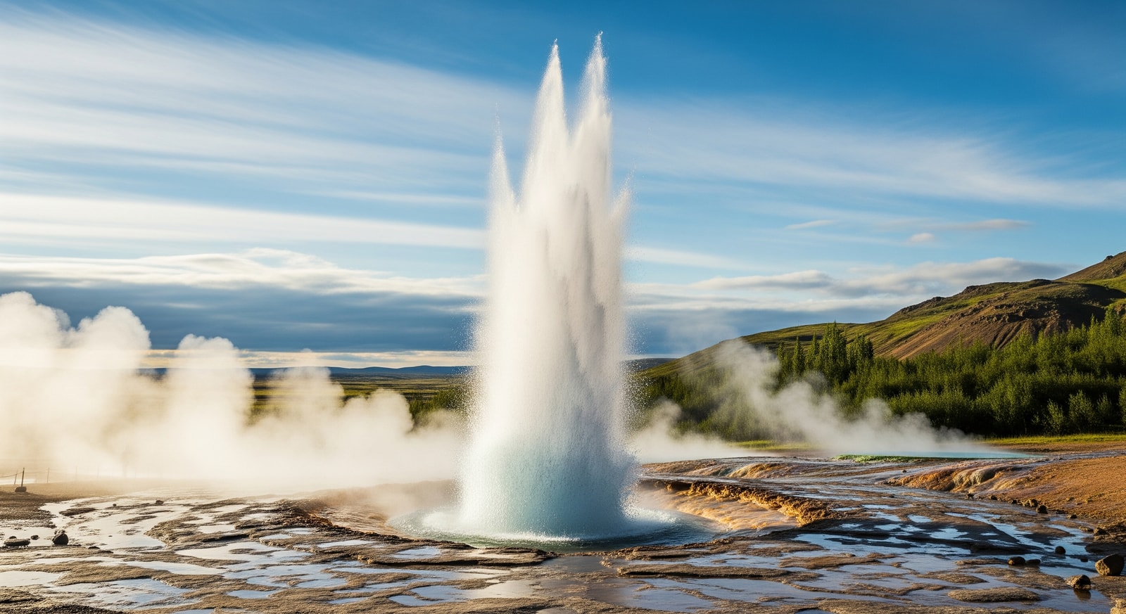 Strokkur geyser erupting spectacular column of water against blue sky in Iceland's Golden Circle