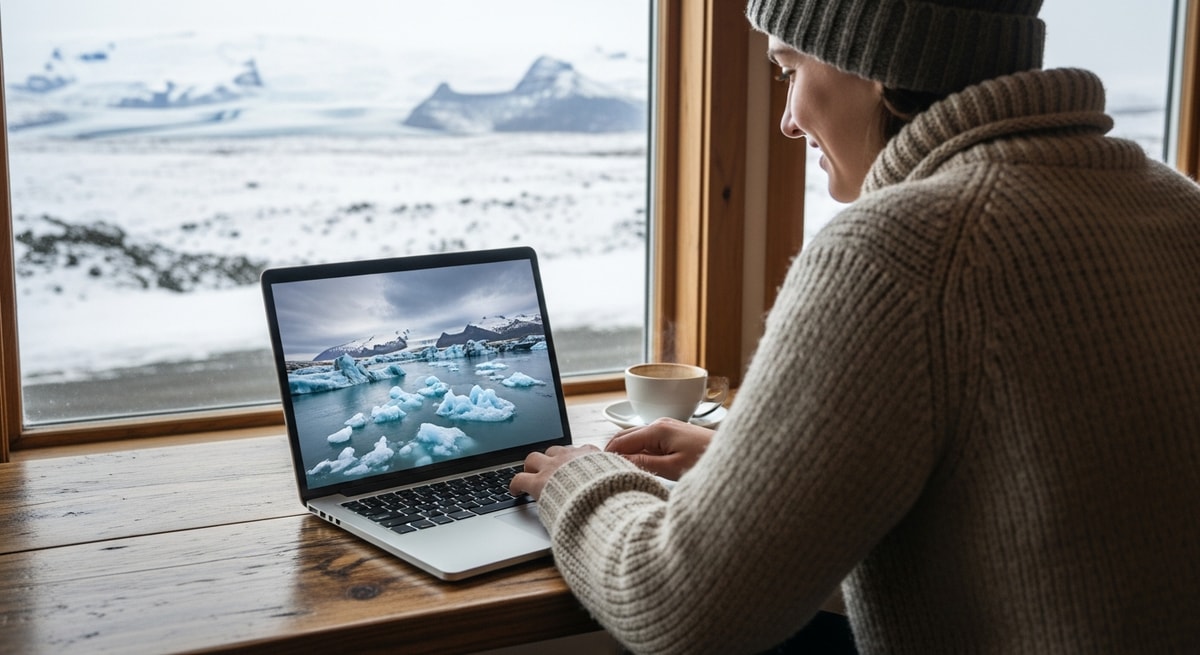 Traveler planning Iceland adventure with laptop showing glacier scenery