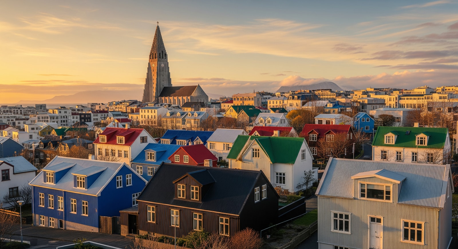 Colorful houses and Hallgrimskirkja church tower in Reykjavik's old town center at golden hour