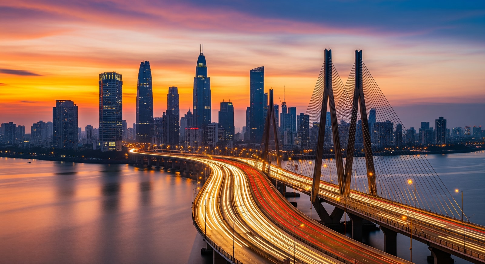 Modern Mumbai skyline with business district and the iconic Bandra-Worli Sea Link at sunset
