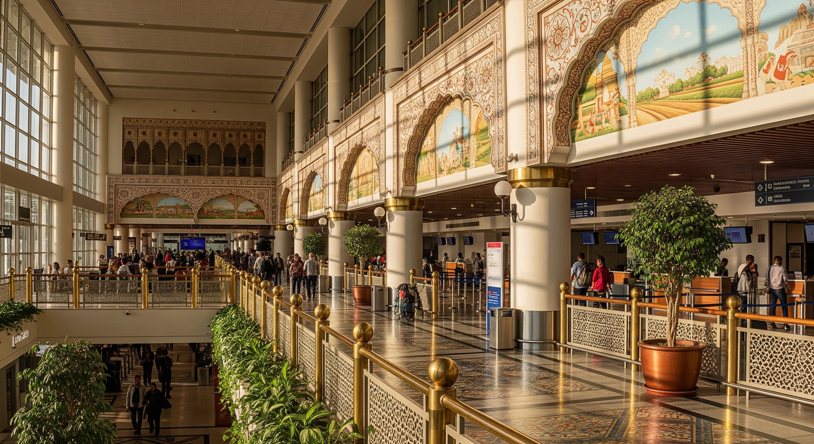 Modern Indira Gandhi International Airport terminal in Delhi with traditional Indian architectural elements