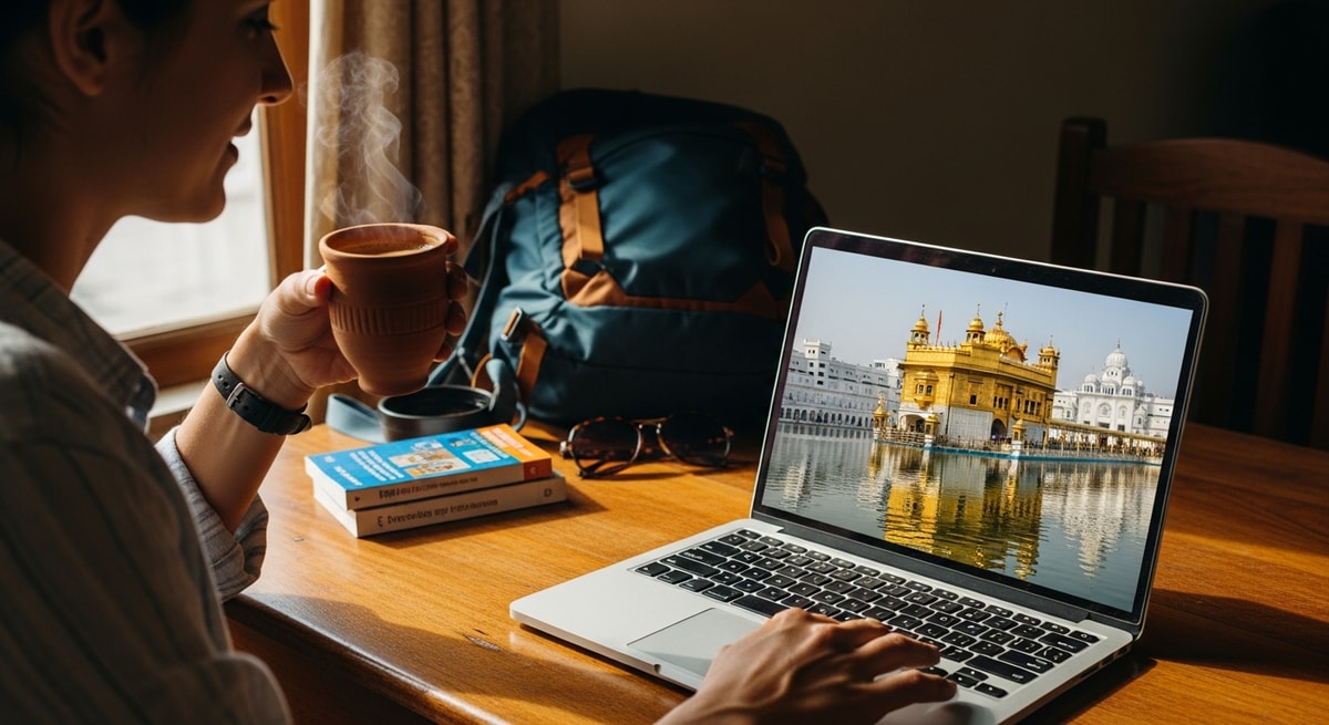 Traveler planning India trip with laptop showing Golden Temple while drinking chai tea