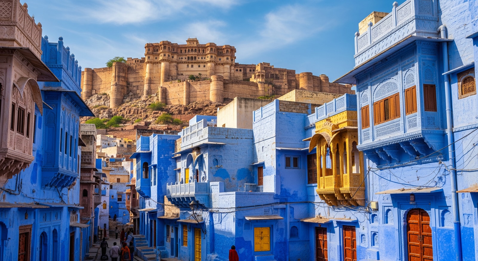Colorful streets of Jodhpur's Blue City with traditional Rajasthani architecture and Mehrangarh Fort