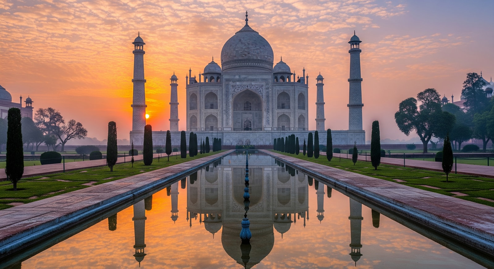 Majestic Taj Mahal at sunrise with reflecting pools and misty atmosphere in Agra