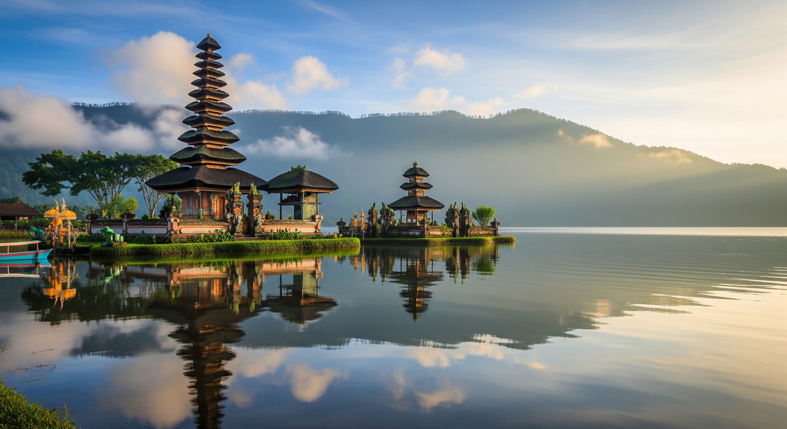 Iconic Ulun Danu Beratan temple floating on Lake Beratan in Bali with mountain mist and traditional Meru towers