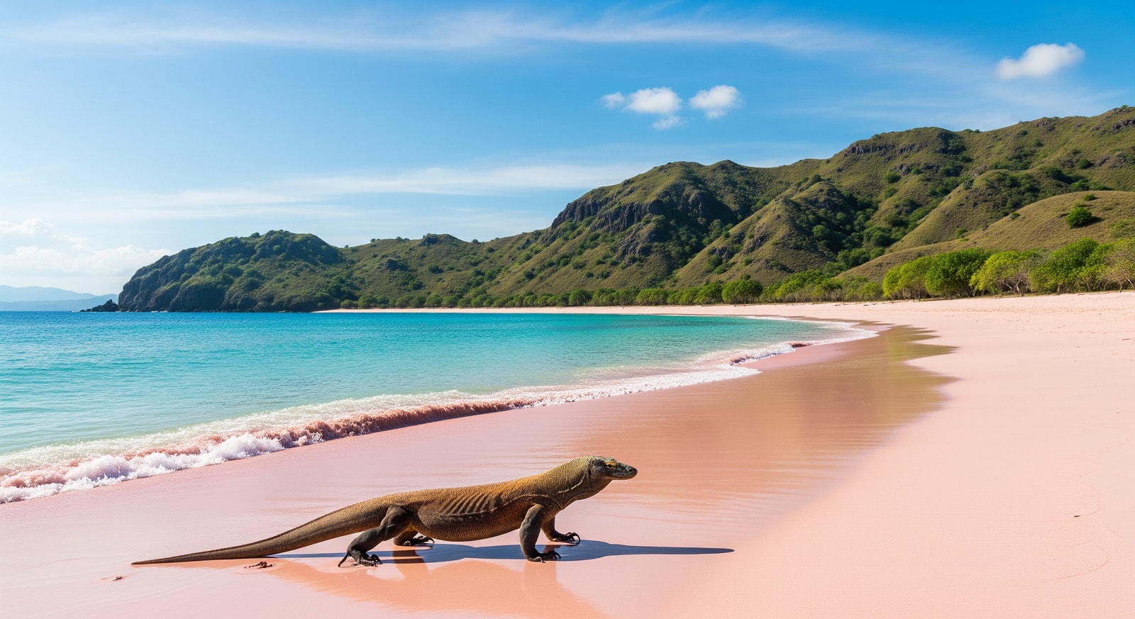 Komodo dragon walking on pink beach at Komodo National Park with turquoise waters and green hills in background