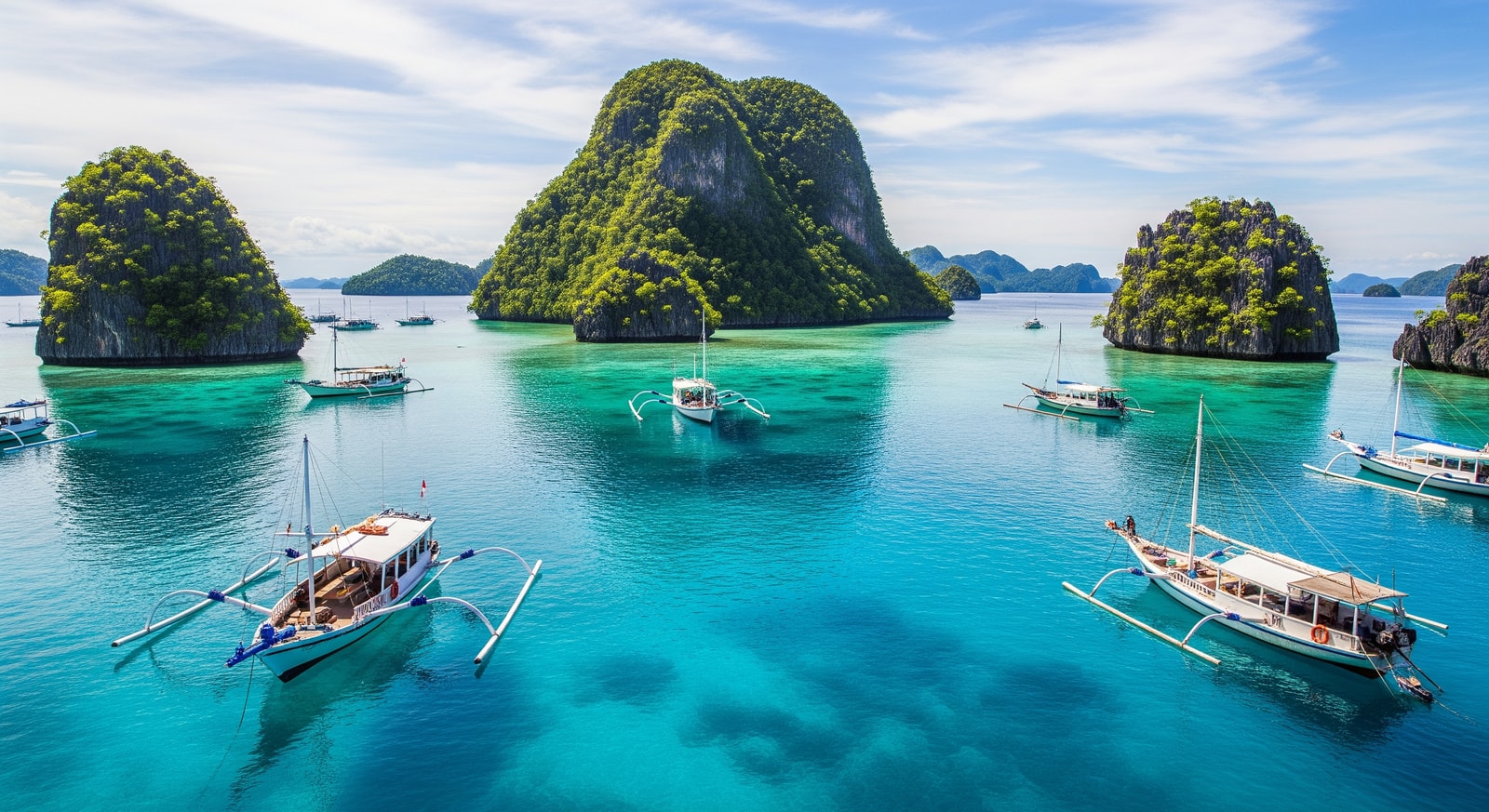 Crystal clear turquoise waters of Raja Ampat with traditional wooden boats and lush green karst islands