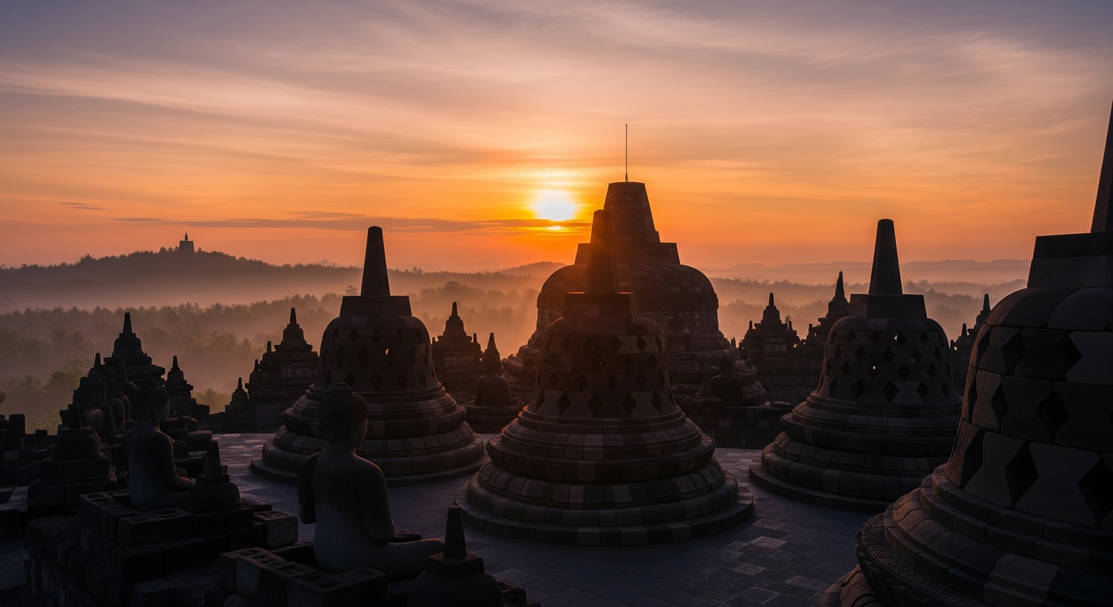 Ancient Borobudur Buddhist temple at sunrise with misty jungle backdrop and Buddha statues silhouetted against orange sky