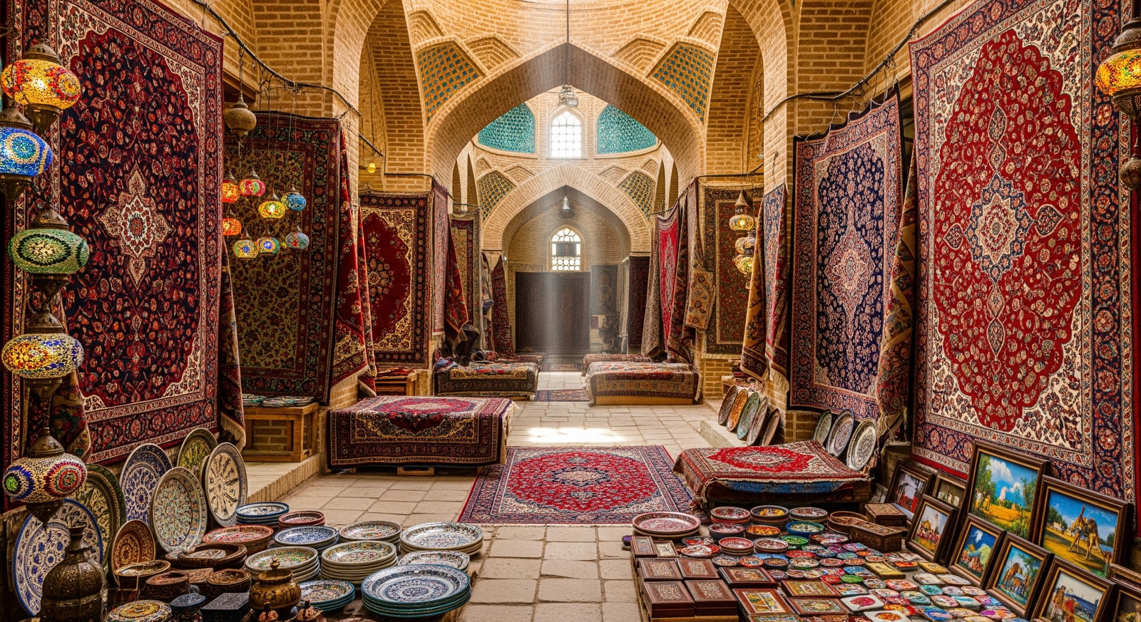 Colorful interior of Isfahan Grand Bazaar with traditional Persian carpets and handicrafts on display