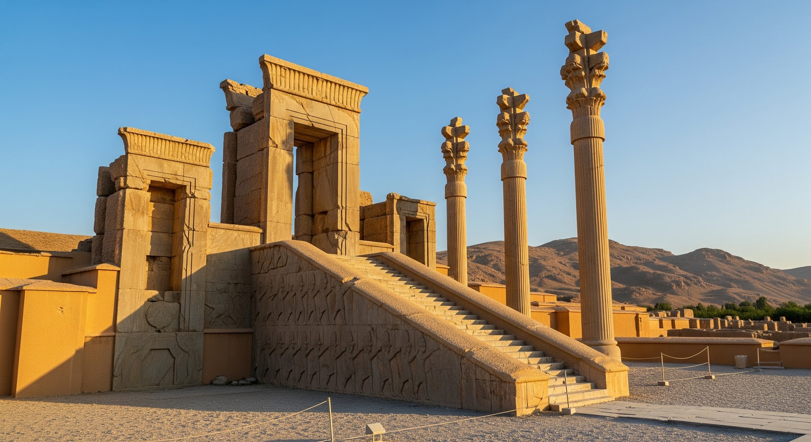 Ancient ruins of Persepolis showing the grand staircase and columns of the Apadana Palace in Fars Province Iran
