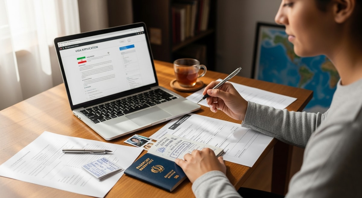 Traveler preparing Iran visa application documents with passport and laptop