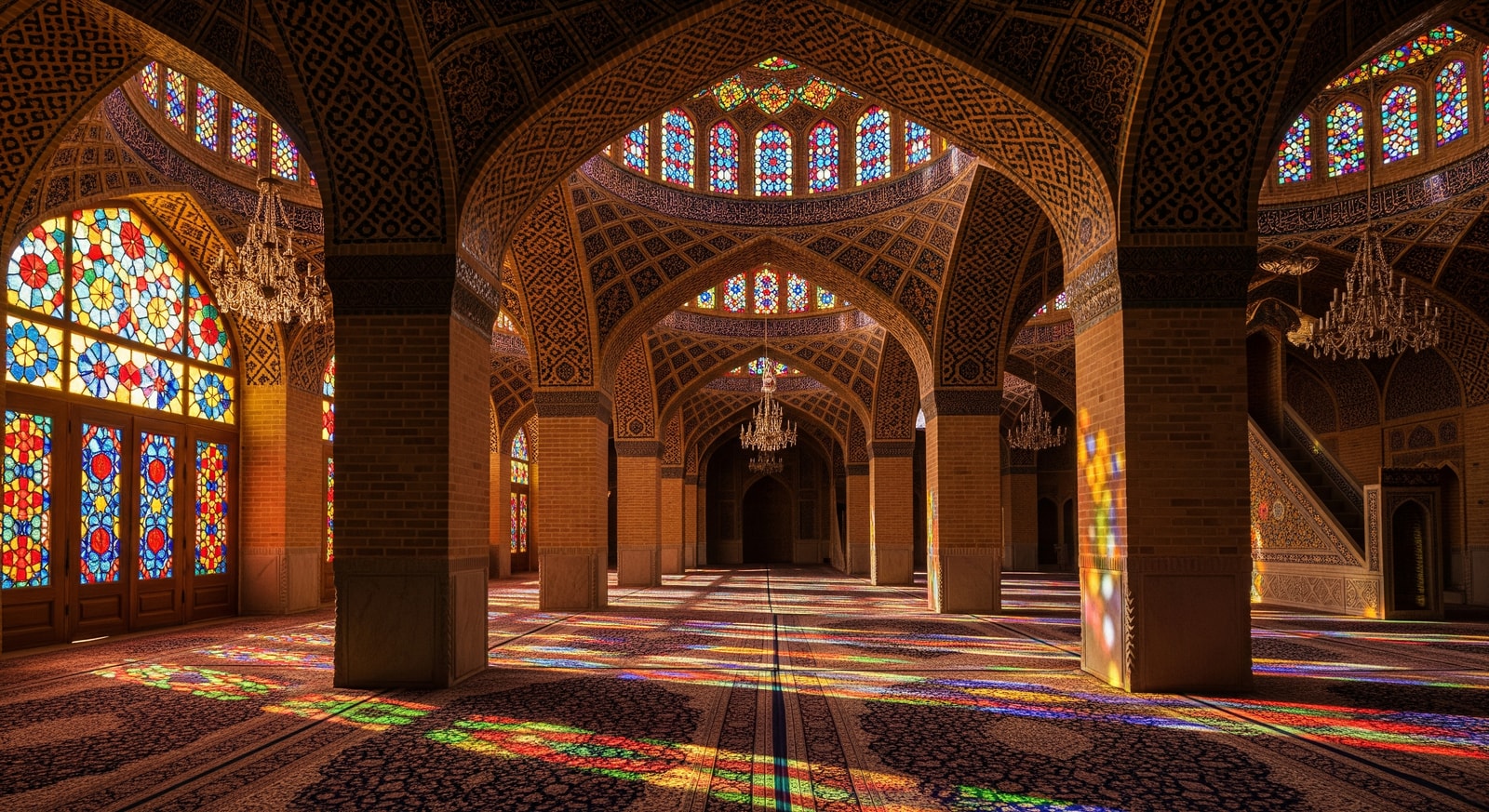 Stunning stained glass windows casting colorful light inside the Nasir al-Mulk Mosque in Shiraz Iran