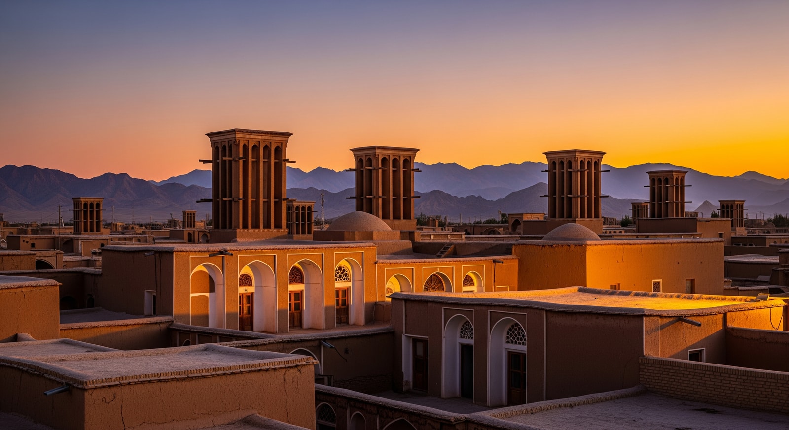 Traditional wind towers and mud-brick architecture of Yazd old town at dusk with mountains in background