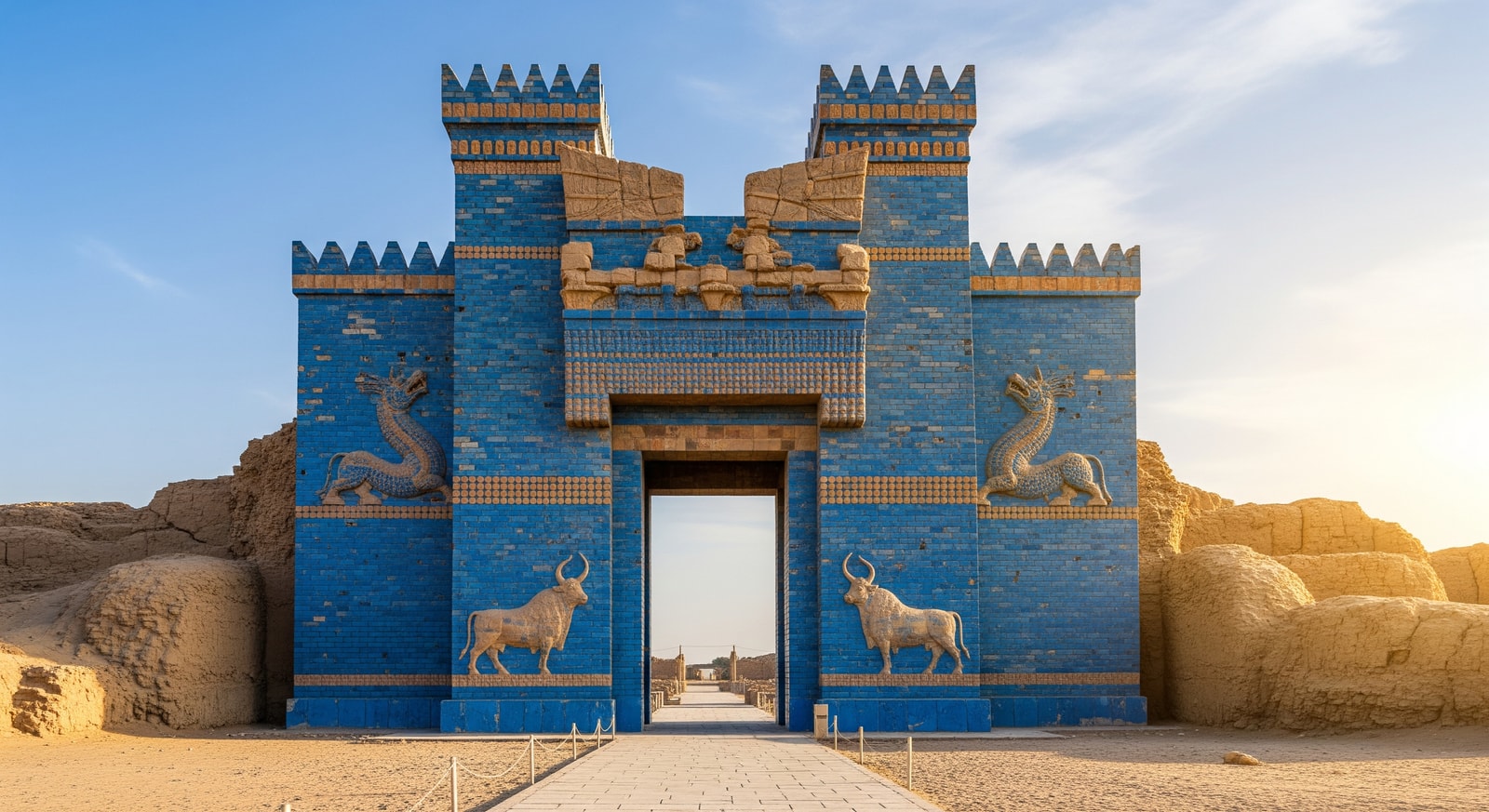 Restored Ishtar Gate replica in Babylon archaeological site with traditional blue glazed brick decorations