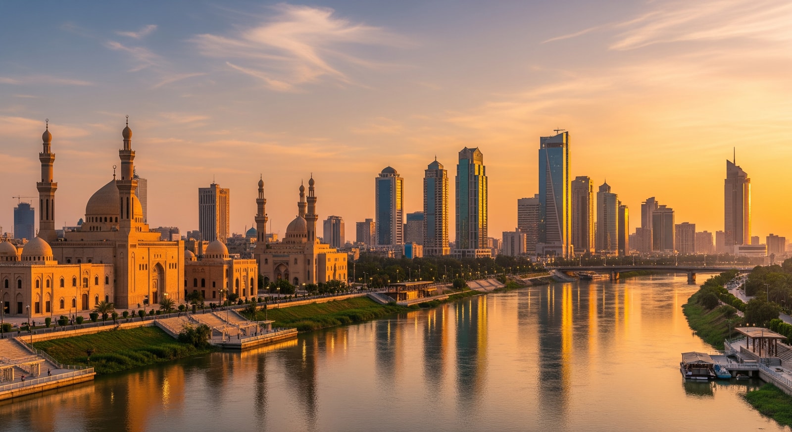 Baghdad skyline along the Tigris River with historic mosques and modern buildings at golden hour