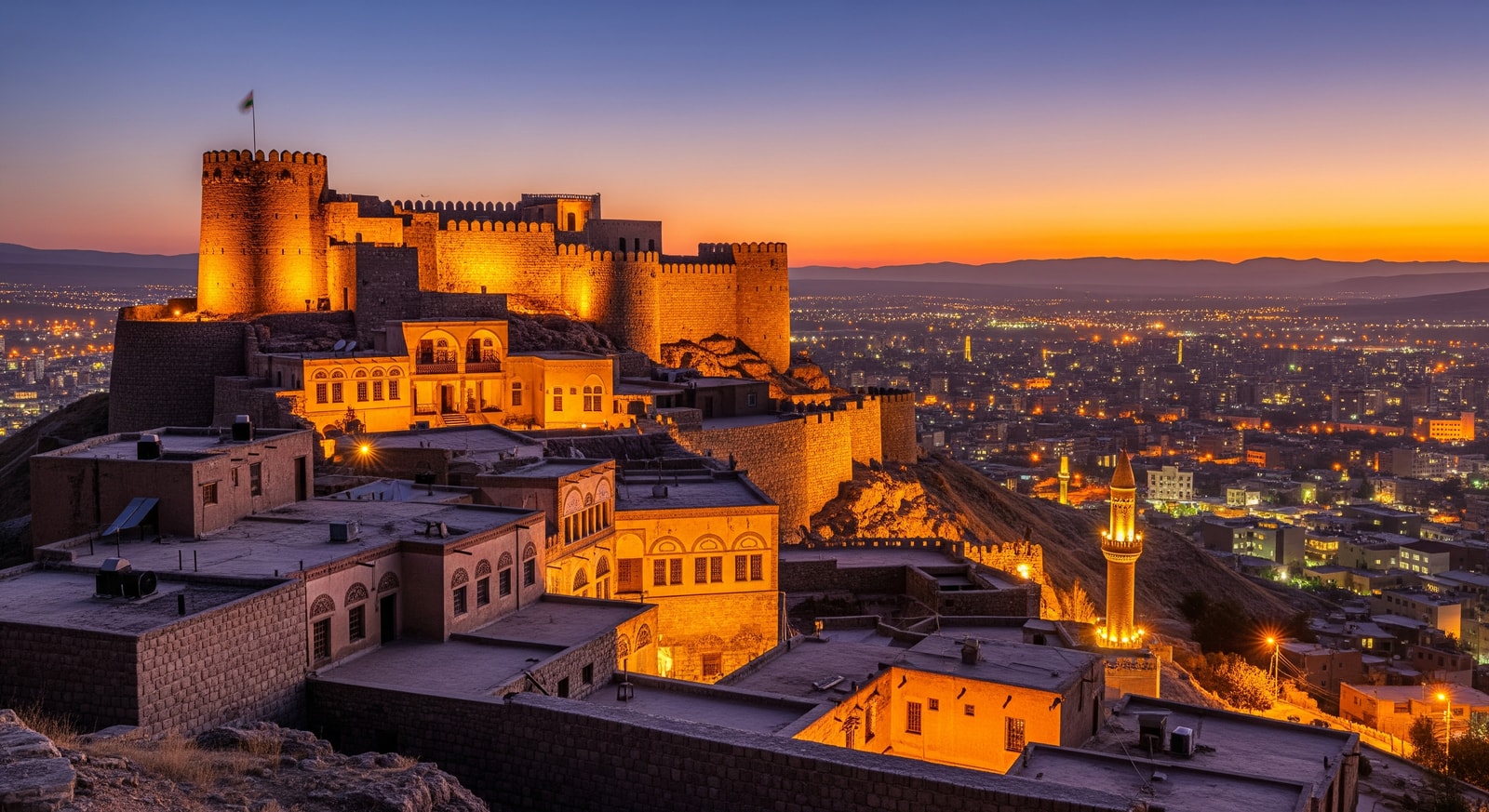 Erbil Citadel at dusk with ancient stone walls rising above the modern city and traditional Kurdish architecture