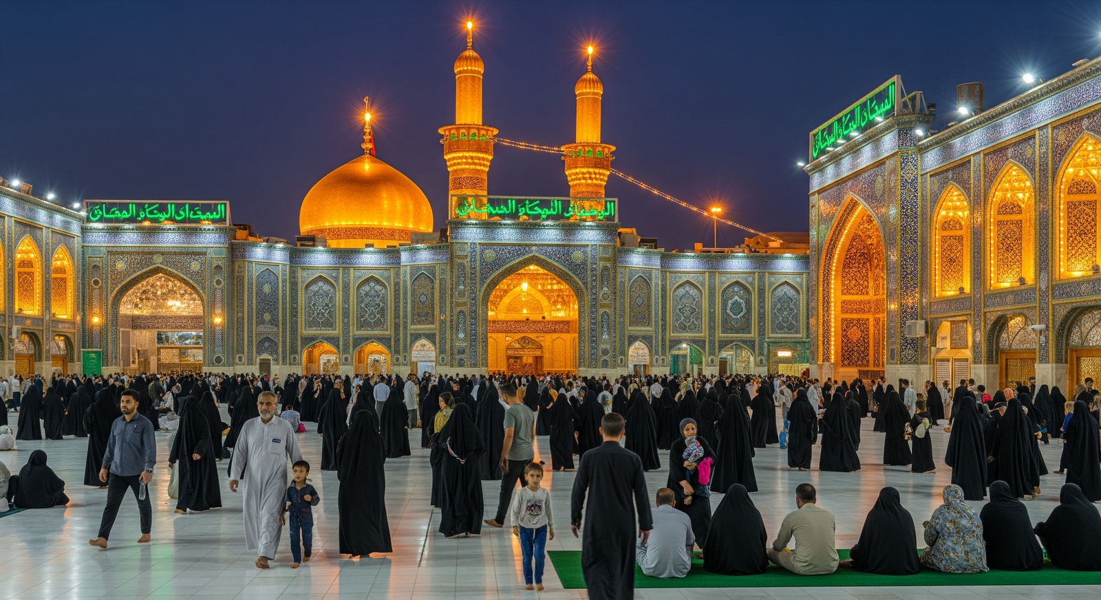Golden domes of Imam Hussein Shrine in Karbala illuminated at night with pilgrims gathering in the courtyard