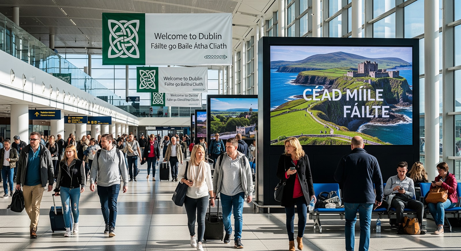 Modern Dublin Airport terminal interior with travelers and Irish welcome signs