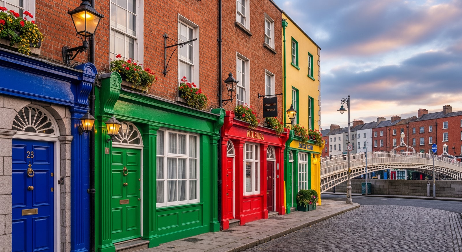Colorful Georgian doors and facades along a Dublin street with Ha'penny Bridge in the background