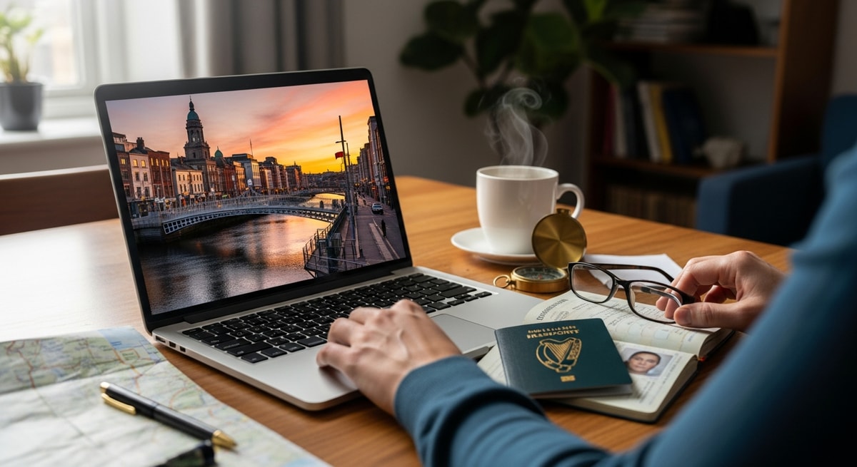 Traveler planning Ireland trip with laptop showing Dublin cityscape and passport
