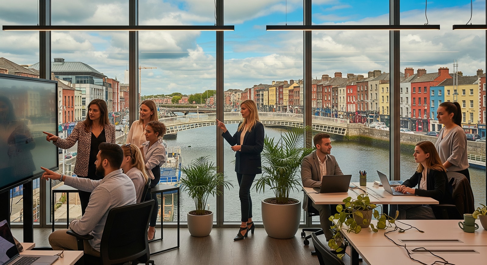 Young professionals in a modern Dublin tech office with views of the River Liffey