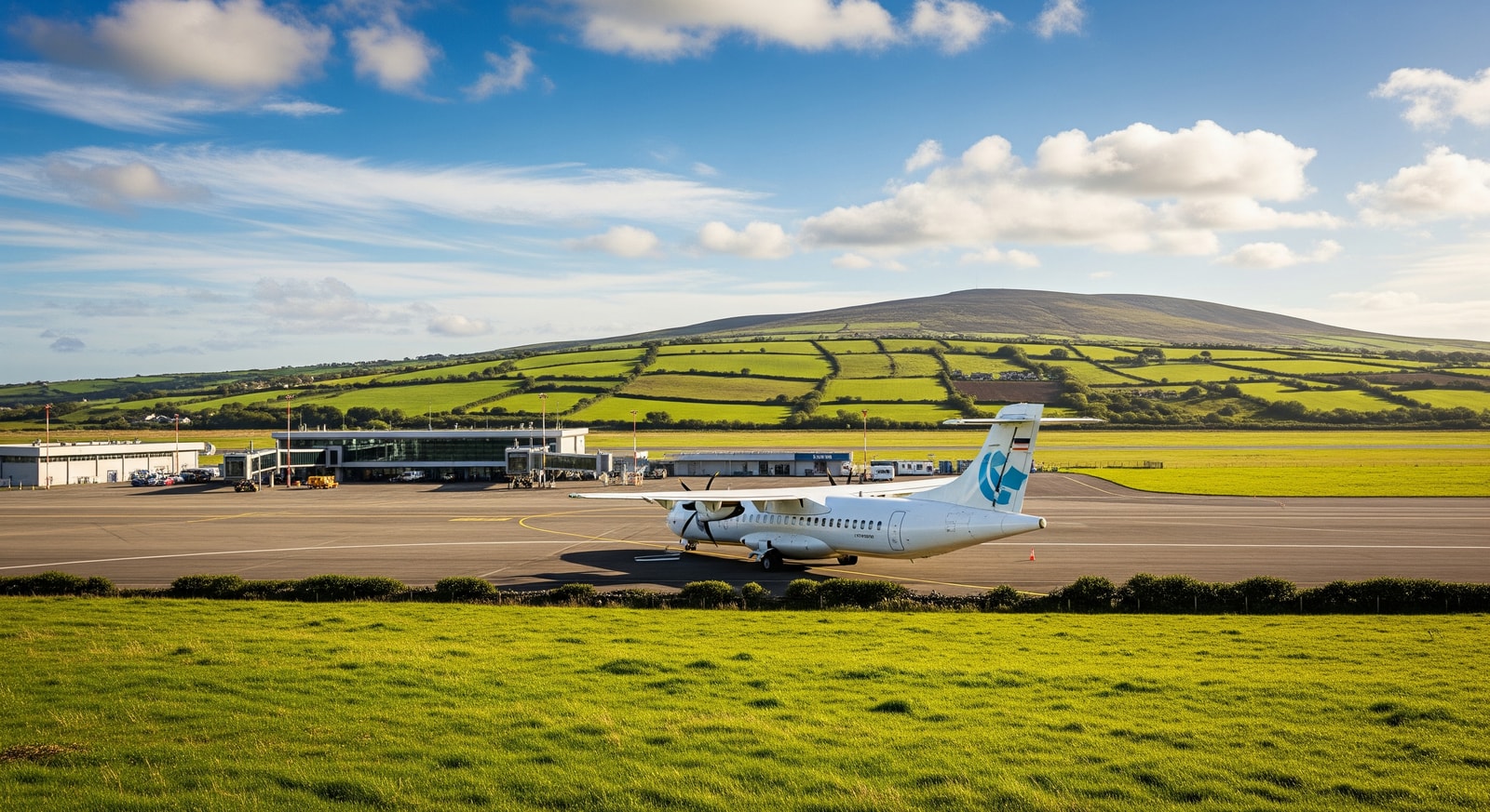 Isle of Man Airport at Ronaldsway with aircraft on tarmac and green Manx countryside beyond