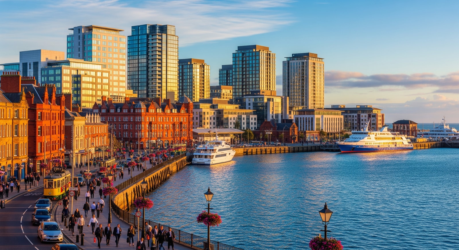 Modern Douglas financial district with Victorian architecture and contemporary office buildings along the harbor