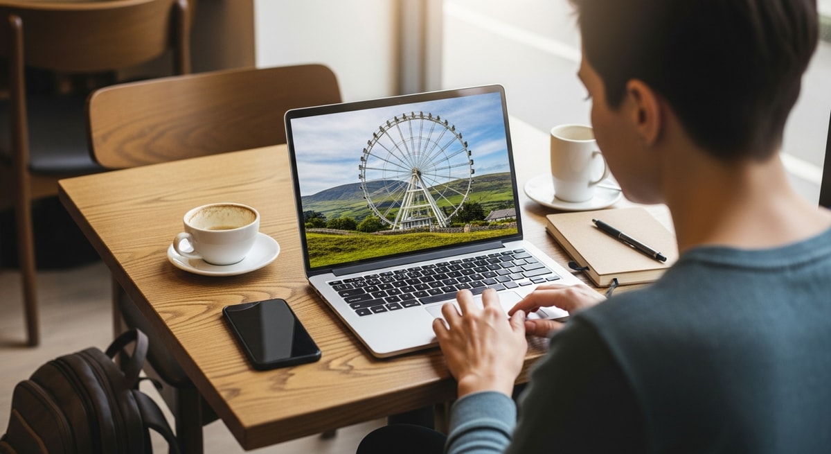 Traveler planning Isle of Man trip with laptop showing Laxey Wheel