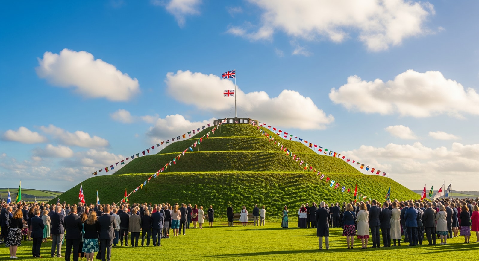 Tynwald Hill at St John's, the ancient open-air parliament site with ceremonial flags on Tynwald Day