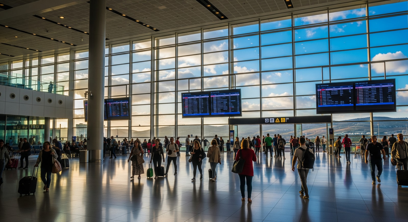 Modern terminal interior at Ben Gurion International Airport with travelers