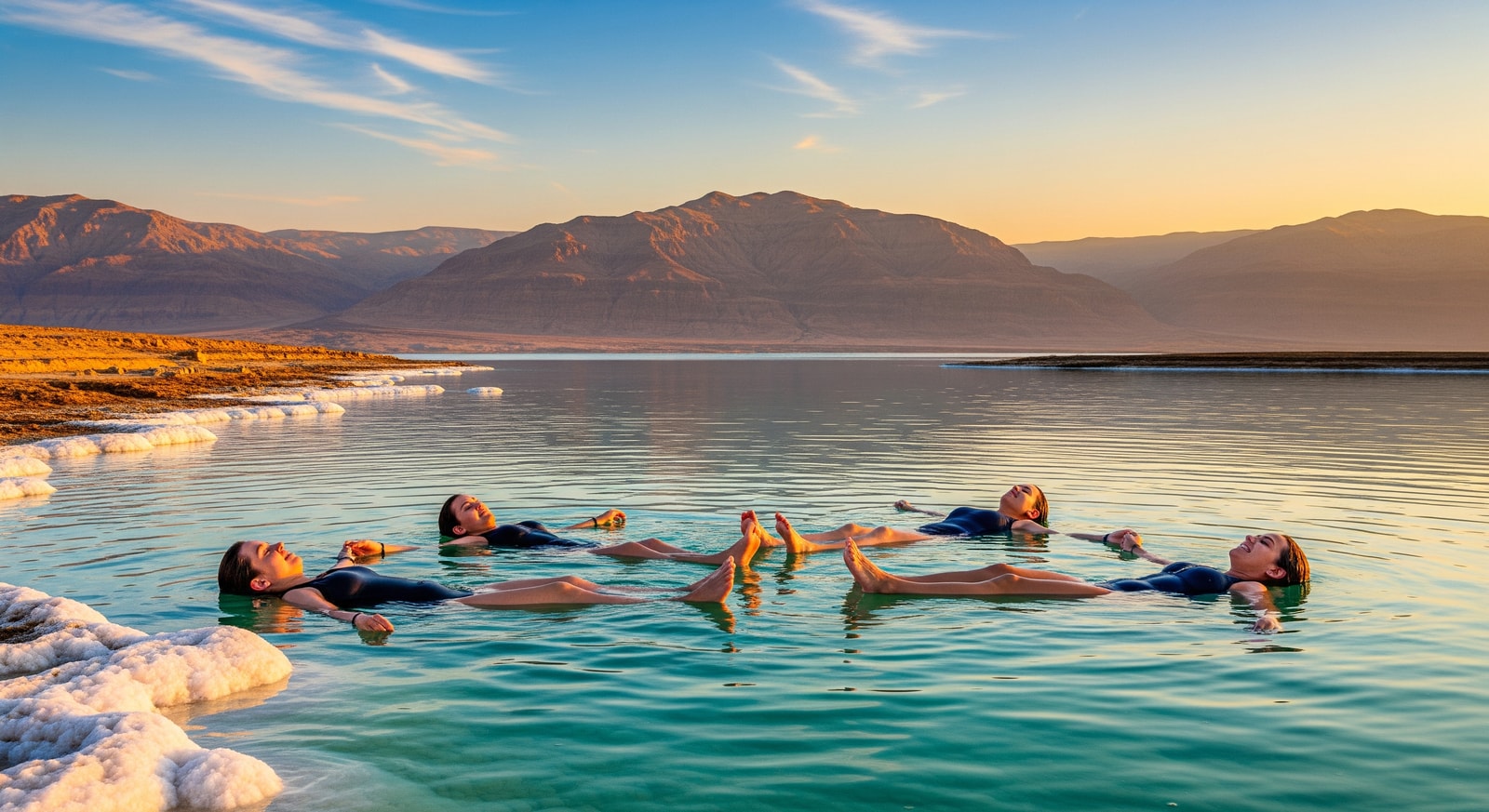 Visitors floating in the Dead Sea with mountains of Jordan visible in the distance
