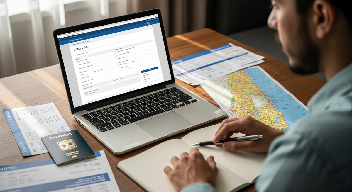 Traveler preparing Israel visa application on laptop with travel documents