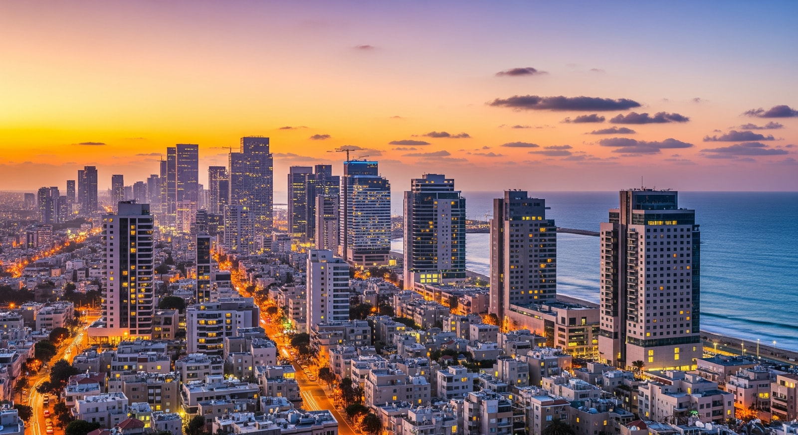 Tel Aviv skyline with modern high-rise buildings along the Mediterranean coastline