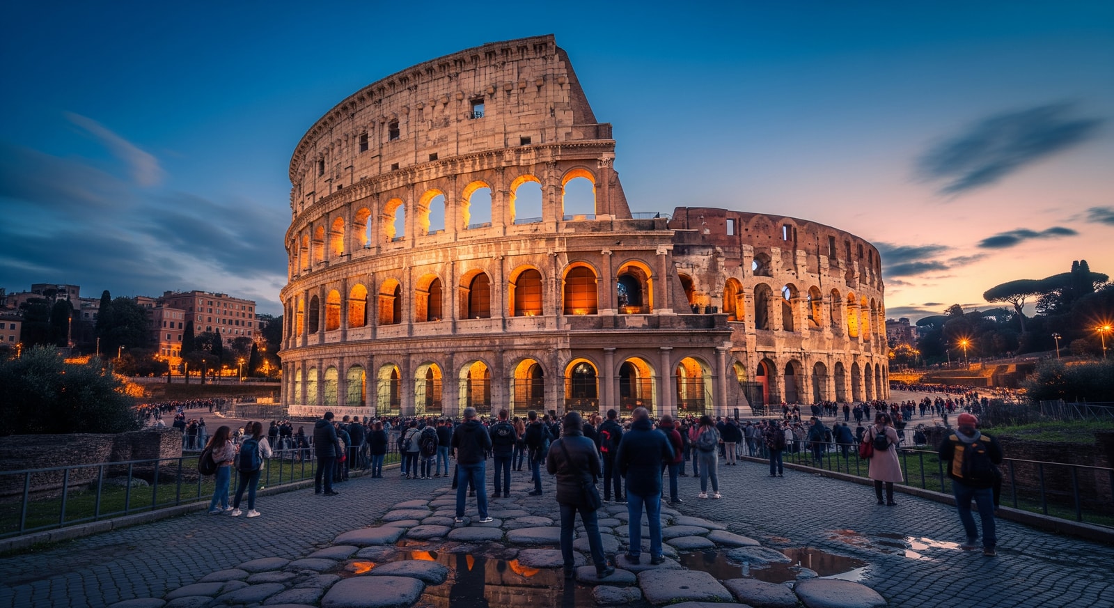 Ancient Colosseum amphitheater in Rome illuminated at twilight with tourists admiring the historic structure
