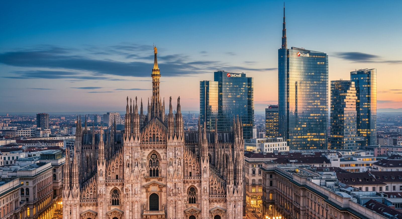 Modern Milan skyline featuring the historic Duomo cathedral alongside contemporary business district architecture