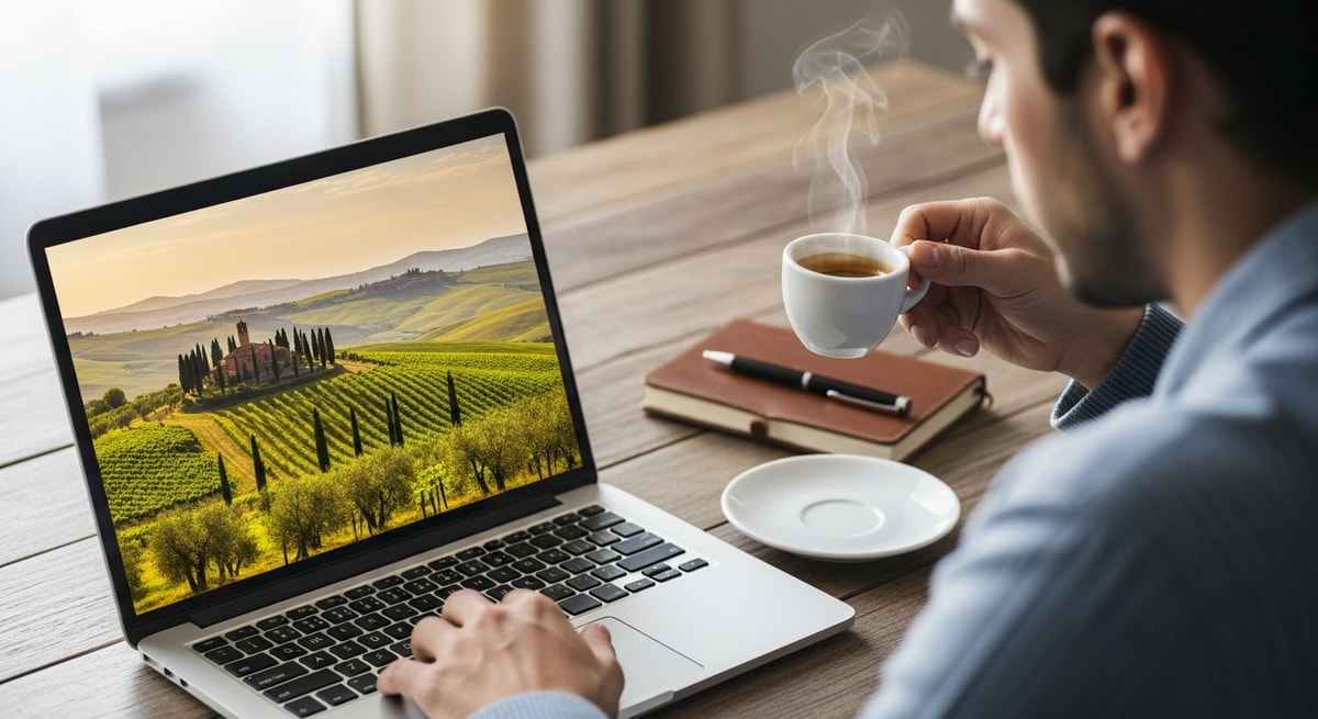 Traveler planning an Italy trip with laptop showing Tuscan countryside while enjoying Italian espresso