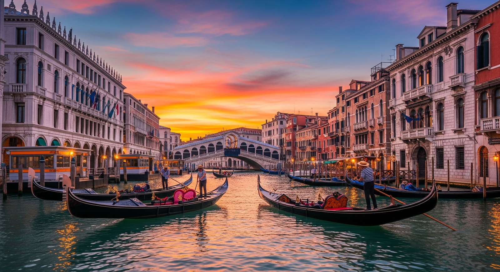 Romantic Venice canal scene with gondolas, historic palazzos, and the distinctive architecture along the Grand Canal