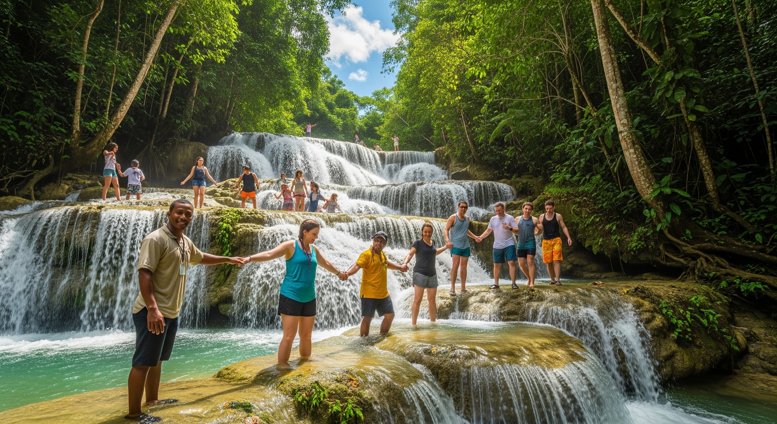 Tourists climbing the famous Dunns River Falls waterfall in Ocho Rios Jamaica