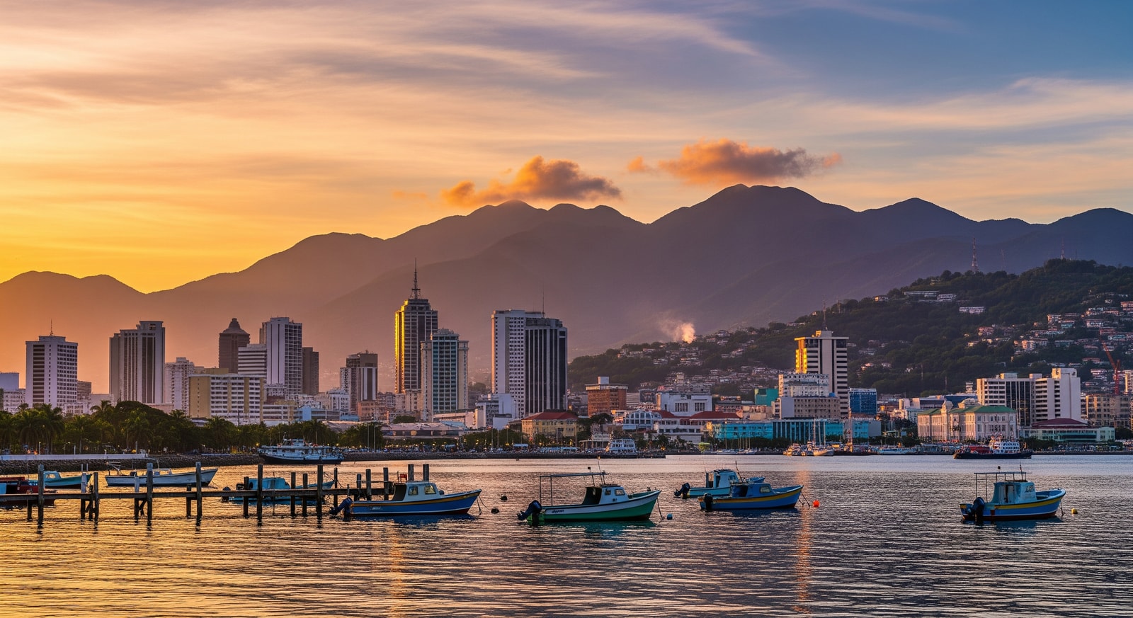 Kingston waterfront with Blue Mountains in the background and downtown Jamaica skyline