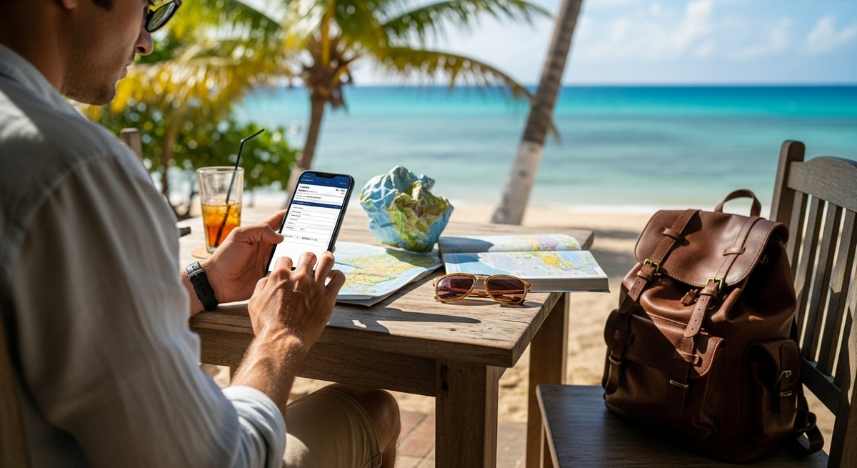 Traveler using smartphone to complete Jamaica visa application while planning Caribbean trip