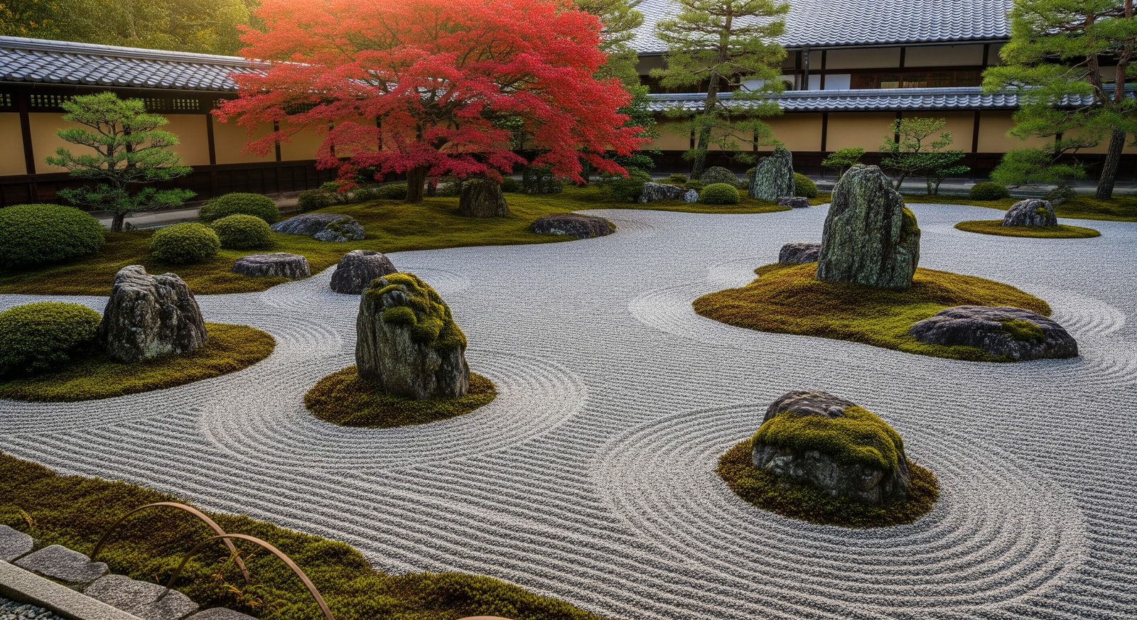 Serene Japanese zen garden with perfectly raked gravel patterns and moss-covered rocks in Kyoto