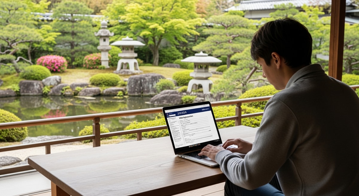 Traveler completing Japan visa application on laptop with Japanese garden in background