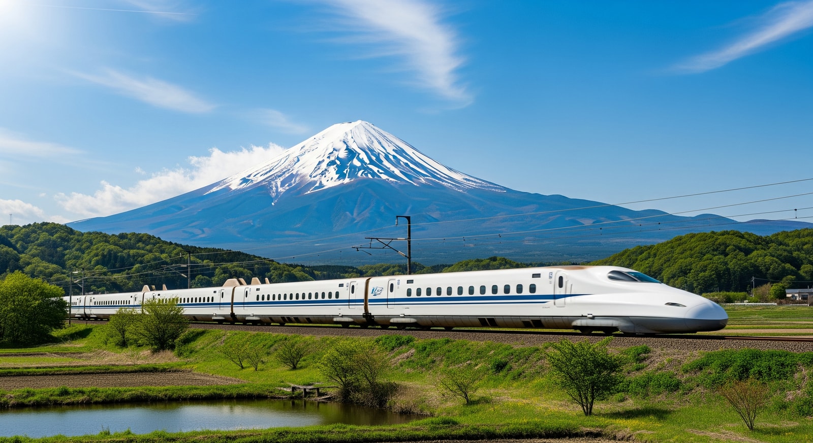 Sleek white Shinkansen bullet train speeding past Mount Fuji on a clear day