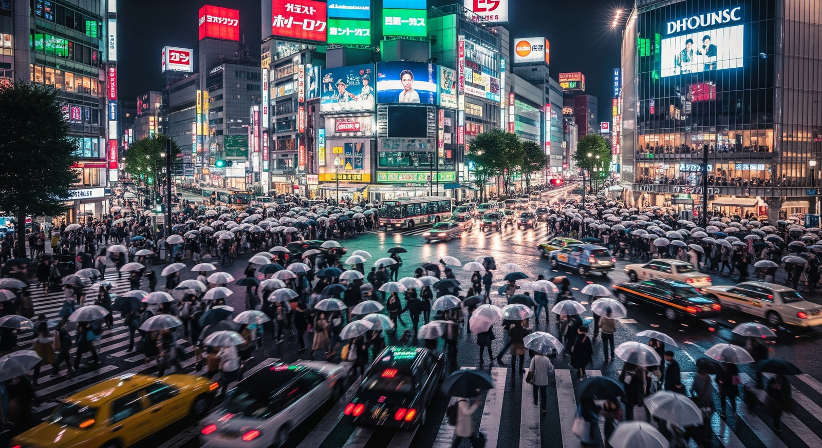 Vibrant Shibuya crossing in Tokyo at night with neon lights and crowds of pedestrians